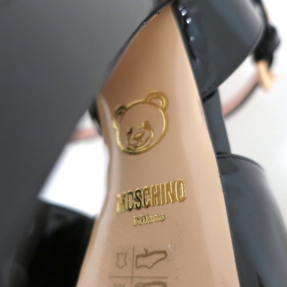 MOSCHINO PLATFORM FLARE-HEEL SANDALS BLACK PATENT LEATHER SIZE 38.5 - Picture 11 of 11